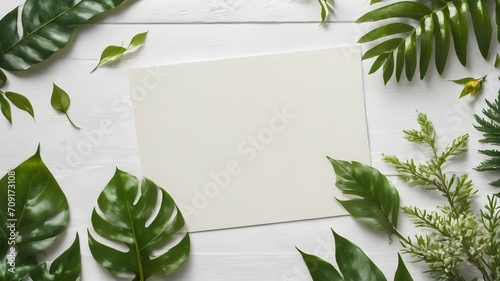 White blank sheet of paper with plants, ferns, leafs, blank note on white wood.