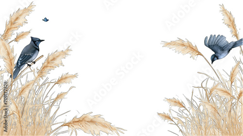 Blue jays and pampas grass, graphic banner frame, with transparent background and copyspace
