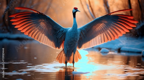 An elegant sandhill crane gracefully wading through shallow snow, its outstretched wings catching the sunlight in a dazzling display.