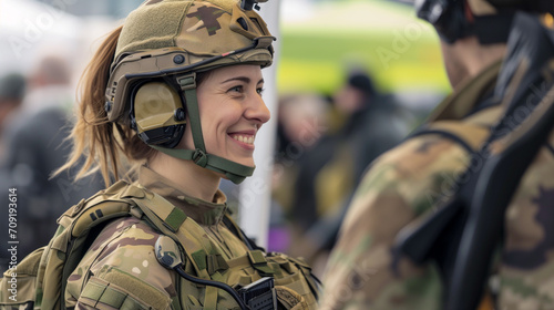 A smiling young lady with a helmet at a military expo