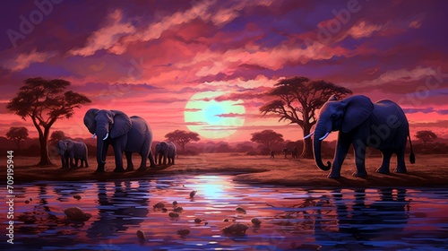 An elephant family gathered around a serene watering hole, reflecting the fiery colors of sunset.