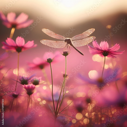 Generative AI Beautiful dragonflies perched on pink flowers, a dragonfly perched on a blooming pink flower, A view of a dragonfly perched on a blooming flower, pink flowers infested by dragonflies