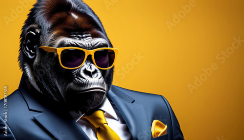 Gorilla in business suit with sun shades on yellow background