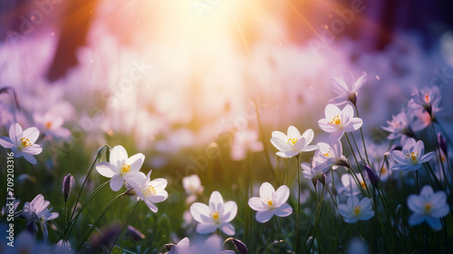 Abstract natural spring background light rosy dark meadow flowers closeup with sun rays and light.