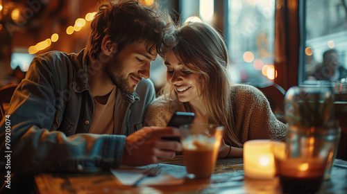 Couple in love in restaurant watching cell phone