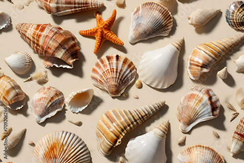 A composition of various seashells collected on a beach