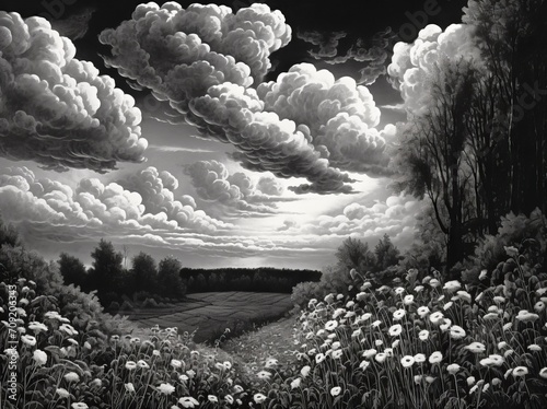 black and white lithograph of hilly flowering meadows and fields with distant forest background, dramatic cloudscape, focus stacking, precise detail. From the series “Golden Age."