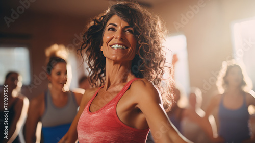 Active positive middle aged women with instructor performing dance elements during class with female group in modern fitness school for adults