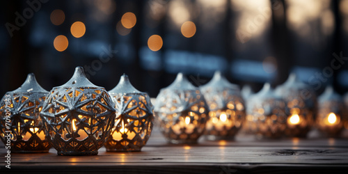 Abstract background golden blur bokeh light a group of glass balls with glitter bokeh Magical spheres with golden glitter on a reflective surface Candles in the dark close-up shallow depth of field.