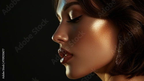 Stunning woman with gold earring, bob hairstyle, dark brown background, flawless features and alluring expression.