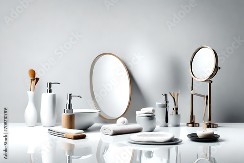 Various bathroom objects on a white background with space for text-