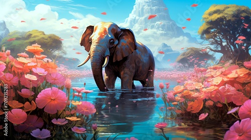 An elephant traversing a riverbed adorned with vibrant, blooming lotus flowers.