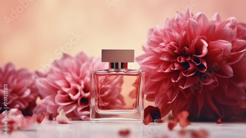 Exquisite Combination: Petite Perfume Bottle Accompanied by Enchanting Blooms - AI Generative