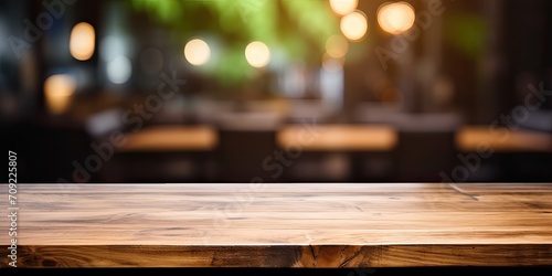Wooden table with brown in coffee shop background, image for product presentation.