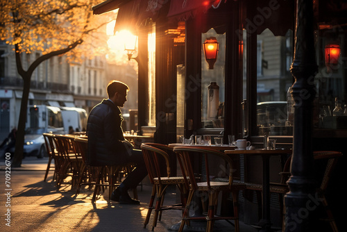 A man sitting outside a cafe in paris drinking coffee and tee on a beautiful evening. Ai generated