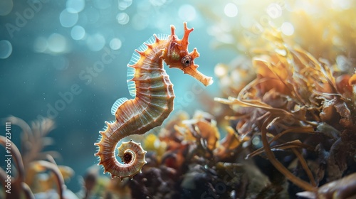 Beautiful seahorse in the ocean, underwater plants, marine wild nature beautiful seahorse underwater scene.