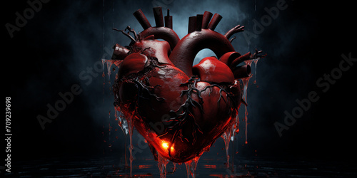 A drawing of a human heart on the dark background, Heart attack and cardiac problems passion and romance with human heart, Human heart illustration design in 3d digital art design, generative AI 