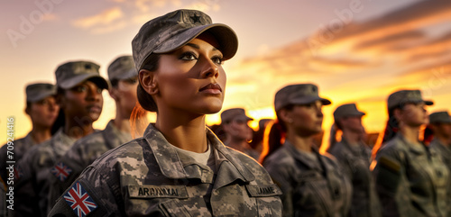 Group of women in military uniforms standing at army ceremony or presentation, sunset sky background. Generative AI