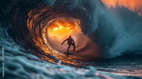 A dynamic close-up of a surfer navigating a challenging wave tunnel, surrounded by the frothy embrace of seawater, showcasing the intensity and focus required to conquer the power