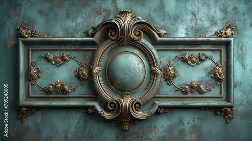 Vintage baroque wall (for the door) decoration, against turquoise wall (door), old shabby paint, tarnished from time gilding