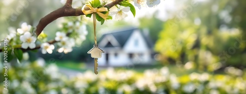 House key hanging from a blooming tree branch in spring garden. Flowering background, blurred private home. Real estate, moving home or renting property concept. Panorama with copy space.
