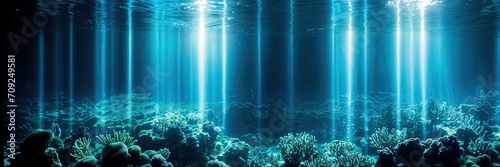 background with vertical light stripes on the bottom of the sea with algae