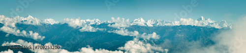 Aerial view of Himalayan mountain range seen from Nagarkot surrounded by clouds. The highest mountains in the world seen from Nepal. 