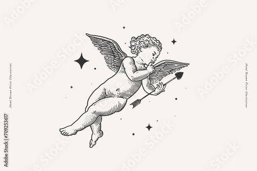 Cute Cupid with love arrow and stars. Beautiful Amur in engraving style. God of love and romance. Mythological antique character on a light background.