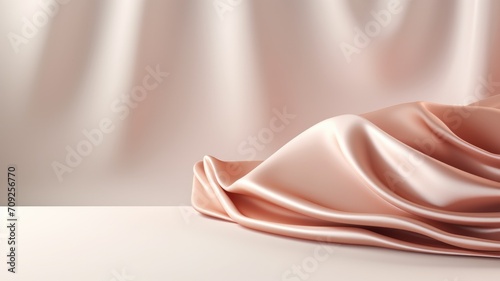 Soft beige stage with flowing rose gold cloth in backdrop, Premium showcase mockup template for Beauty, Cosmetic, Luxury products, with copy space for text