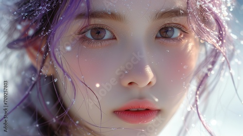Asian woman, delicate makeup, innocent and cute girl, advanced light and shadow, fair skin, professional photo, white dress, purple hair, bangs, snow environment