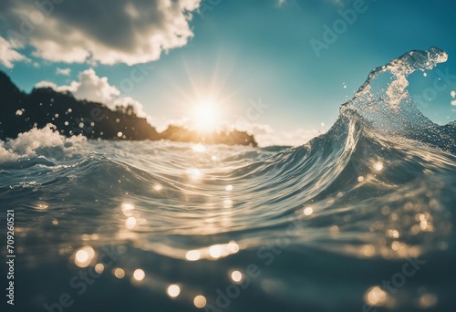 Abstract summer landscape nature of tropical with beautiful sun glare on wave sea water close-up blu