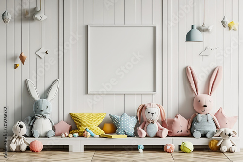Frame mockup picture on white wall in children`s room, Scandinavian minimalist style. Modern kids home interior with blank poster and soft toys. Concept of decor, design, front view.
