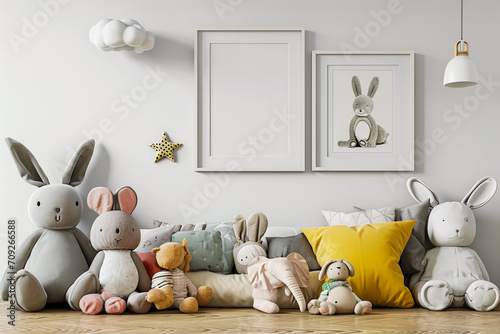 Children`s room with frame mockup picture on white wall, modern Scandinavian minimalist style. Light kids home interior with posters and soft toys. Concept of decor, design, mock up
