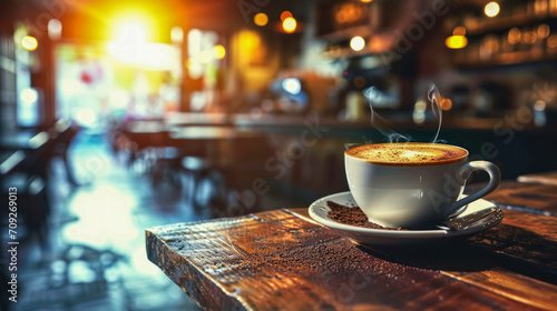 Cappuccino coffee in white cup on dark wooden table in cafe. Hot drink on festive background with bokeh. Steam rises above cup. Copy space. Close-up.