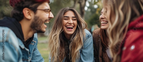 Joyful young people bonding and laughing in a park, telling funny jokes, gossiping, and enjoying the company of friends.