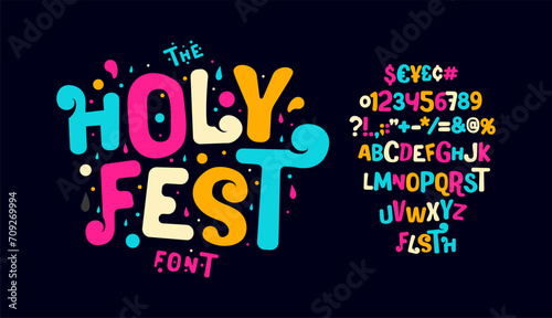Vibrant Holi Festival alphabet, spirited and colorful letters, joyous event font for lively invitations, energetic headline, playful typography for festive designs and promotional. Vector typeset