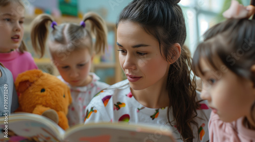 The young brunette woman teacher is reading a book to children during a lesson at a childcare center or school.