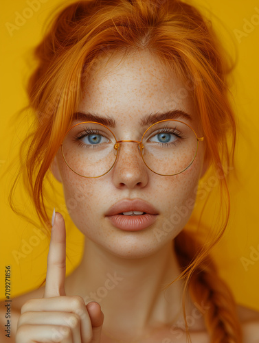 Piękna rudowłosa dziewczyna z okularami, piegami i uniesionym palcem wskazującym w górę emanuje pewnością siebie i determinacją. To zdjęcie ukazuje silną osobowość w ciepłych tonacjach.