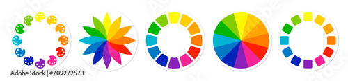Color wheel set of five in different style on white background. Color wheel guide. Floral patterns and palette isolated. RGB and CMYK colors. Pie charts diagrams. Vector Art