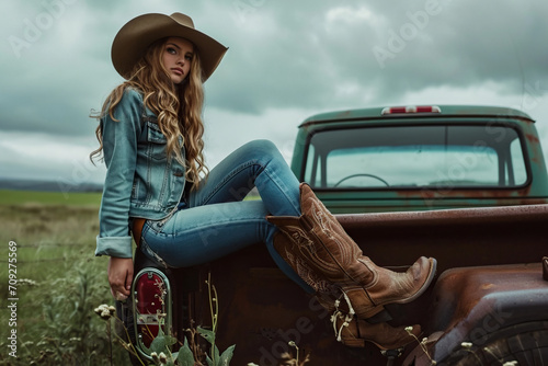 Woman sitting on the tailgate of a vintage truck wearing cowboy boots and hat