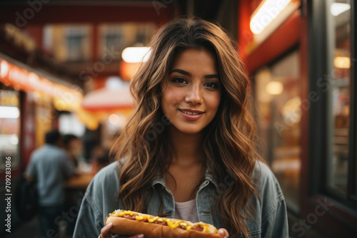 young woman eating hotdog in the market