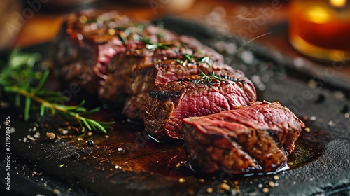 Grilled top Picanha Sirloin Cap or cup rump beef meat steak on wooden board. Dark background. Side view
