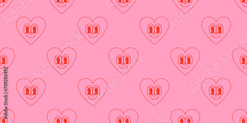 Red love heart seamless pattern illustration with funny smiling face. Doodle hearts background print. Valentine's day holiday backdrop texture, romantic wedding design. 