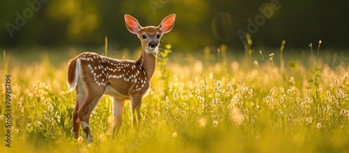 Whitetailed deer fawn in a field during summer.