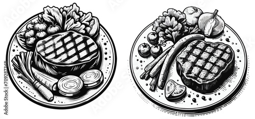 A set of drawings as icons. roast beef steak in a plate. Graphics vector graphics.