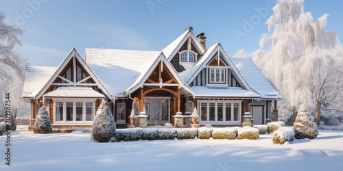 Snow-covered mountain cabin in a winter forest, a rustic retreat with panoramic views - tranquil charm.