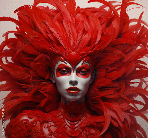 Carnival portrait of a woman in a red feather headdress