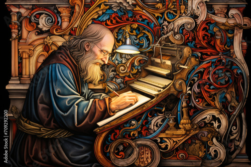 A medieval scribe meticulously illuminating a manuscript with vibrant colors and intricate designs, adding a touch of artistic elegance to the medieval literary performance.
