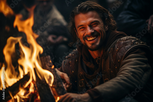 A medieval storyteller weaving tales of adventure and romance around a flickering campfire, his animated expressions enhancing the immersive and captivating medieval narrative.