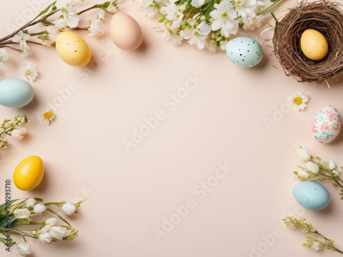 Easter concept, top view Easter background with Easter eggs in a nest and some flowers on beige background, copy space, Generative ai